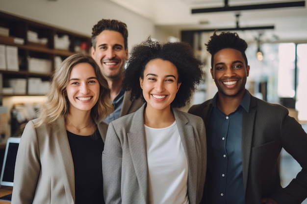 Foto lächelnder mitarbeiter im büro im bokeh-stil