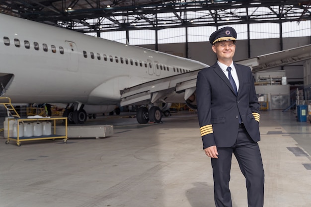 Lächelnder Pilot posiert vor dem Hintergrund des Flugzeugs im Hangar