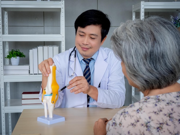 Lächelnder professioneller asiatischer Orthopäde im weißen Anzug, der auf das Anatomiemodell des Kniegelenks zeigt, um das Gesundheitskonzept der Physiobehandlung für ältere Patientinnen in der Arztpraxis zu erklären