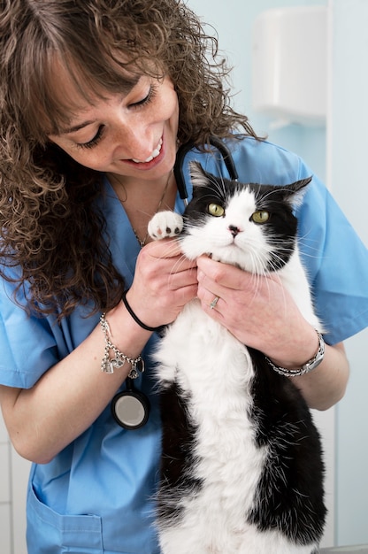 Lächelnder professioneller Tierarzt, der eine schöne Katze nach der Untersuchung hält.