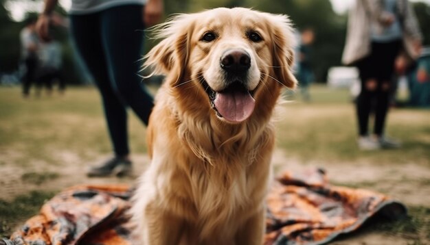 Lächelnder reinrassiger Retriever genießt spielerischen Outdoor-Spaß, der von KI generiert wird