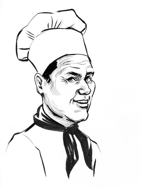 Lächelnder Restaurantkoch-Charakter. Tinte Schwarz-Weiß-Zeichnung