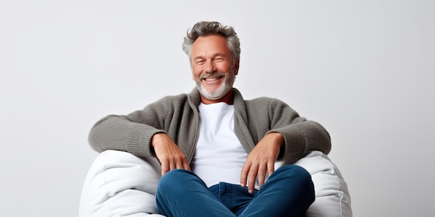 Lächelnder, ruhiger, reifer Mann entspannt sich, während er in einem Sessel sitzt und seine Beine auf einem gestrickten Sitzkissen ruht