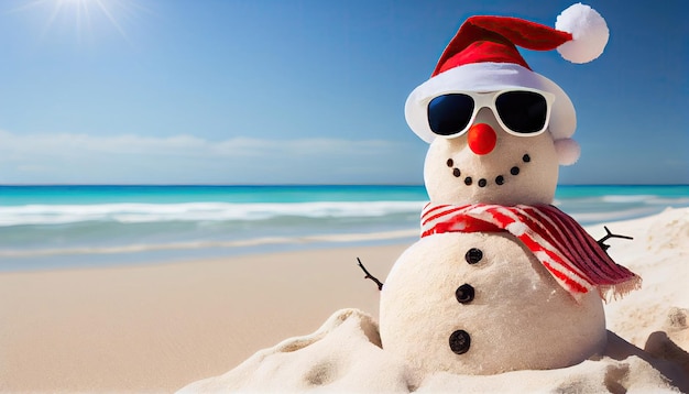 Lächelnder sandiger Schneemann in roter Weihnachtsmütze und Sonnenbrille am sonnigen tropischen Strandkonzept für Reisen