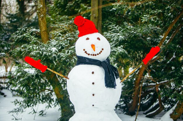 Lächelnder Schneemann im roten Hut mit Handschuhen