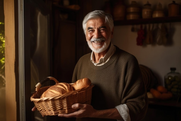 Lächelnder spanischer Senior-Bäcker steht in der heimischen Küche und hält Brot im Korb Generative AI AIG21