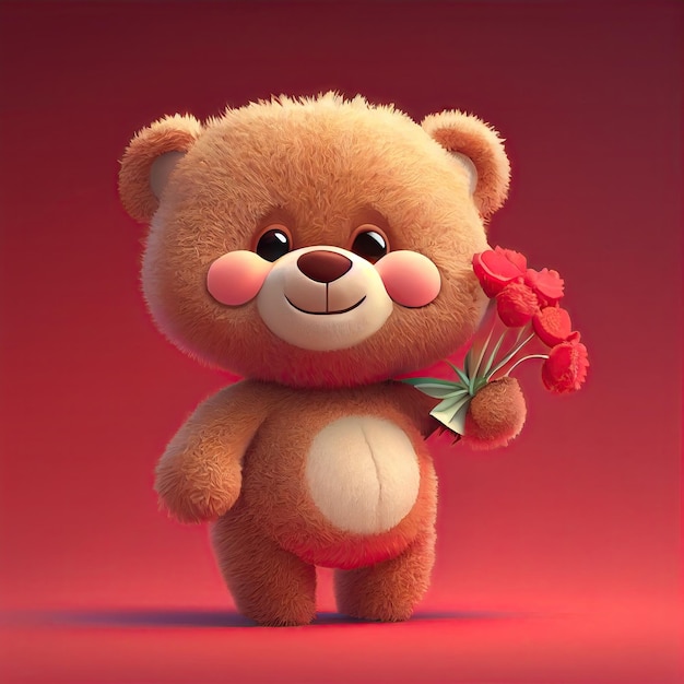 Lächelnder süßer Bär mit Blumenstrauß in bunten Blumen isoliert auf warmem Hintergrund