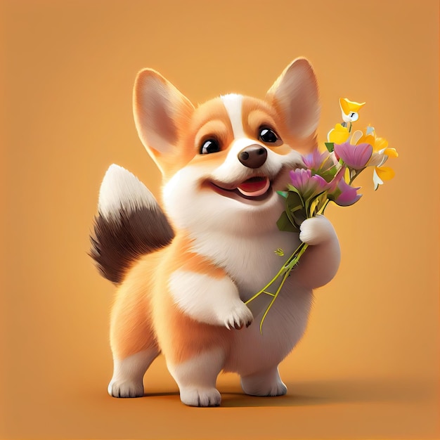 Lächelnder süßer Corgi mit Blumenstrauß in bunten Blumen isoliert auf warmem Hintergrund