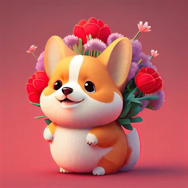 Lächelnder süßer Corgi mit Blumenstrauß in bunten Blumen isoliert auf warmem Hintergrund