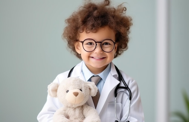 Lächelnder süßer Junge mit Brille und weißem Mantel, Uniform mit Stethoskop, der sich als Arzt ausgibt, der auf die Kamera schaut, mit flauschigem Spielzeug spielt, Patienten, Kinder, Gesundheitswesen