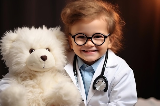 Lächelnder süßer Junge mit Brille und weißem Mantel, Uniform mit Stethoskop, der sich als Arzt ausgibt, der auf die Kamera schaut, mit flauschigem Spielzeug spielt, Patienten, Kinder, Gesundheitswesen