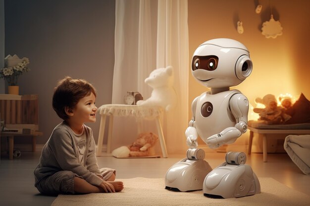 Lächelnder süßer kleiner Roboter und Junge auf dem Hintergrund des Kindergartens Futuristisches Freundschaftskonzept