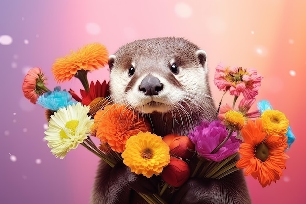 Lächelnder süßer Otter mit Blumenstrauß vor buntem Blumenhintergrund