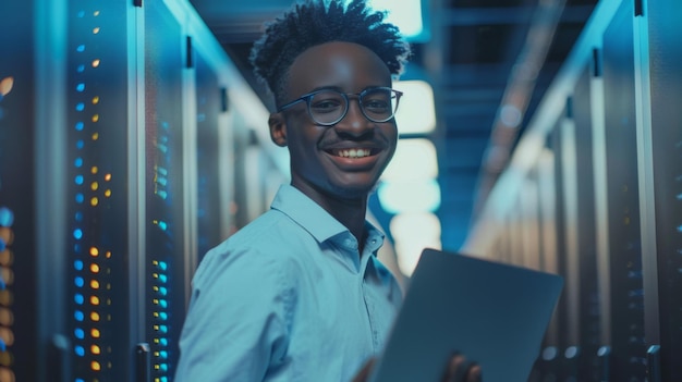 Lächelnder Techniker im Datenserverraum
