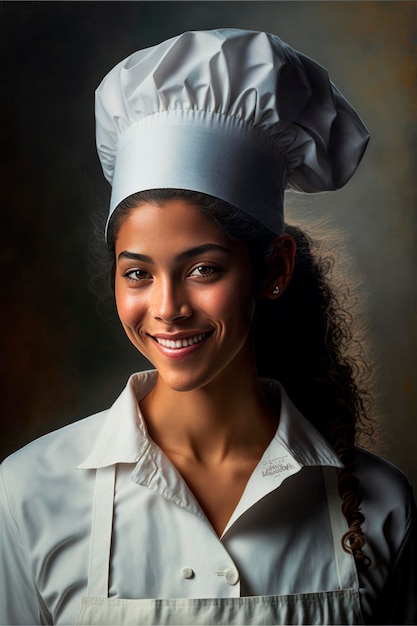 Lächelnder und atemberaubender dunkelhäutiger Koch in Schürze und Hut posiert vor einem dunklen Hintergrund für ein Porträt im Studio