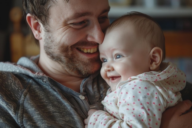 Foto lächelnder vater mit einem süßen, glücklichen baby zu hause elternzeit, väterlicher moment, generative ki