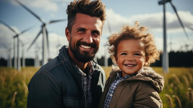 Foto lächelnder vater und sohn, die in einem feld mit windturbinen stehen und in die kamera schauen