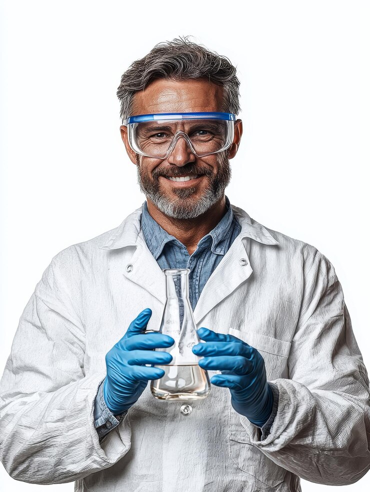 Foto lächelnder wissenschaftler in sicherheitsbrille hält eine flasche und präsentiert seine chemie-expertise. der fachmann ist in einem laborkleid gekleidet und strahlt selbstvertrauen und begeisterung in einer hellen, isolierten umgebung aus.