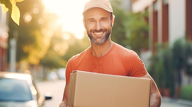 Lächelnder Zusteller hält Karton-Paketkasten in der Hand und blickt in die Kamera