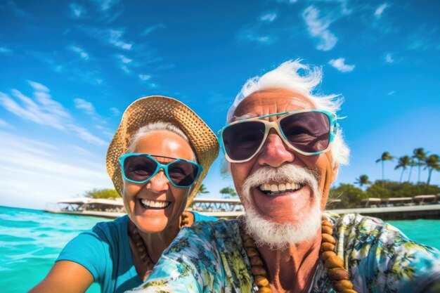 Lächelndes älteres Paar macht Selfies mit türkisfarbenem Meer und strahlt Freude über ihr fröhliches Sommerabenteuer aus