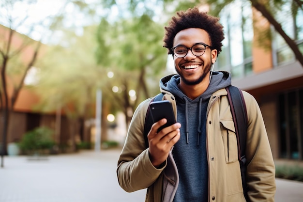 Lächelndes afroamerikanisches Mädchen, das mit dem Handy online im Universitätspark spaziert