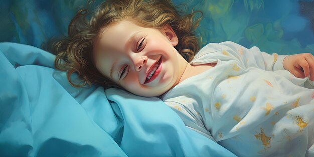Lächelndes Baby, das auf einem Bett schläft auf blauen Blättern liegt