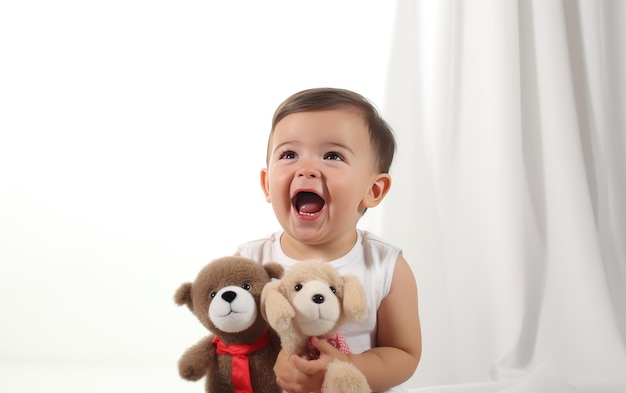 Lächelndes Baby, das ein lustiges Puppenspiel hält, amüsierte Nahaufnahme, isoliert auf weißem Hintergrund