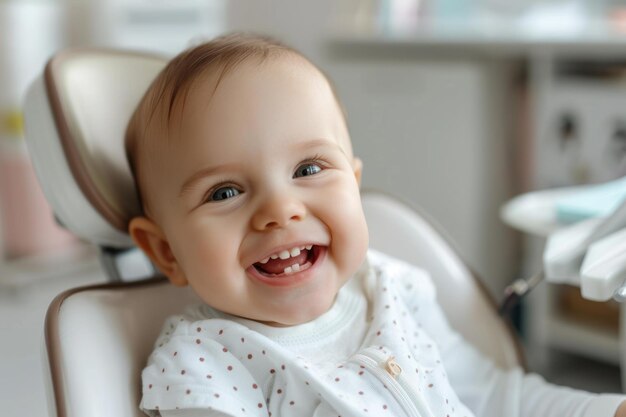 Lächelndes Baby liegt auf dem Zahnarztstuhl und zeigt weiße Zähne Kreatives Banner mit glücklichem Baby für die pädiatrische Zahnmedizin