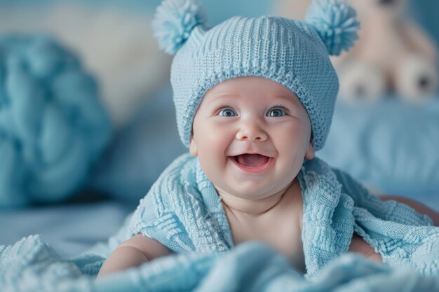 Foto lächelndes baby mit blauem hut und decke