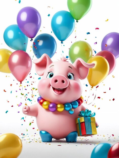 Lächelndes Baby-Schwein auf der Party mit Ballongeschenken und Konfetti, isoliert auf weißem Hintergrund F