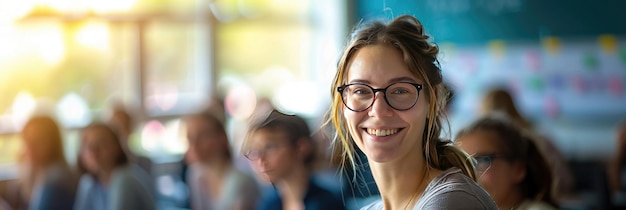 Lächelndes Foto einer weißen Lehrerin mit einem Schüler im Klassenzimmer Generative Ai
