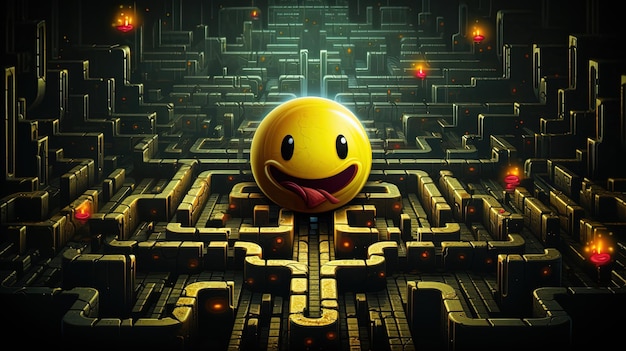 Lächelndes gelbes Emoticon vor einem Labyrinth