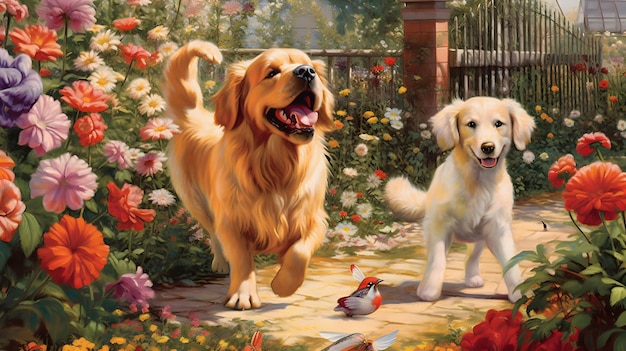 Lächelndes Gesicht eines Golden Retriever-Hundes im Garten mit Blumenhintergrund