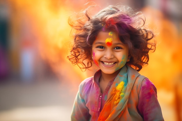 Foto lächelndes indisches mädchen mit holi-farbe