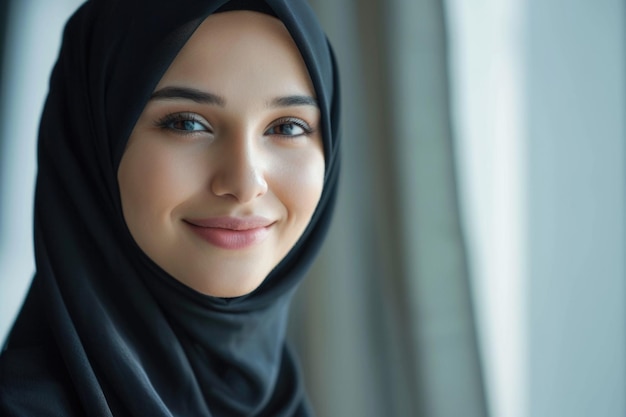 Lächelndes junges arabisches Mädchen in schwarzem Hijab Porträt