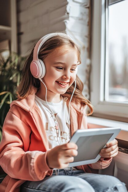 Foto lächelndes junges mädchen genießt musik mit kopfhörern und hält ein tablet am fenster