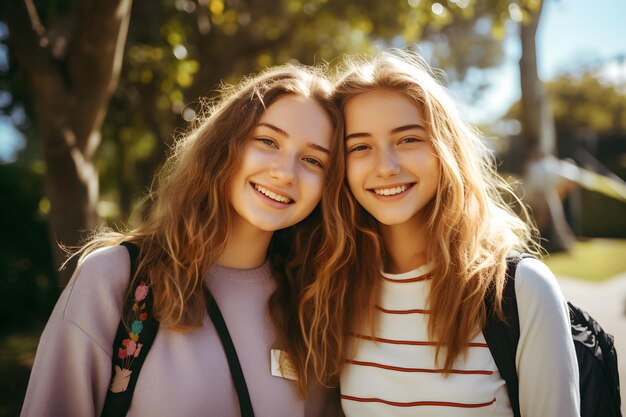 lächelndes Kind der besten Freunde der Schule draußen in der Nähe des Schulgartenkonzepts ai