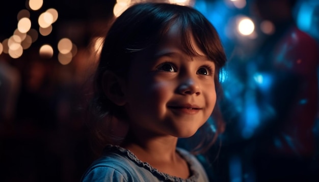 Lächelndes Kind genießt Weihnachtsbeleuchtung mit Familie, die von KI generiert wird