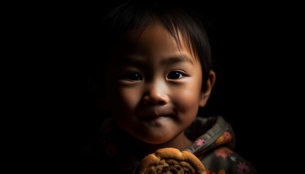 Lächelndes Kind hält süßes Essen in der Hand und blickt mit Freude, die durch künstliche Intelligenz erzeugt wird, in die Kamera