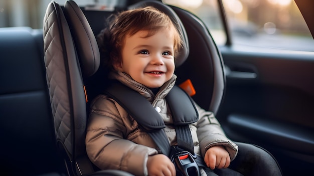 Lächelndes Kind im Autosicherheitssitz, KI generiert