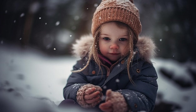 Lächelndes Kind spielt im Schnee reine Freude, die von KI erzeugt wird