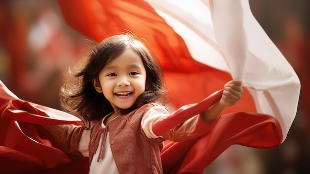 Foto lächelndes kind und die indonesische unabhängigkeitsflagge