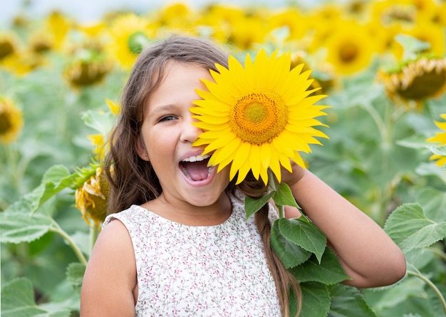 Lächelndes kleines kaukasisches Sommermädchen, das Sonnenblume nahe ihrem Auge hält. Sonnenblumenfeld.