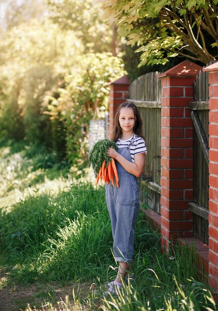 Lächelndes kleines Mädchen in einem Garten hält ein Bündel frische Karotten vertikal