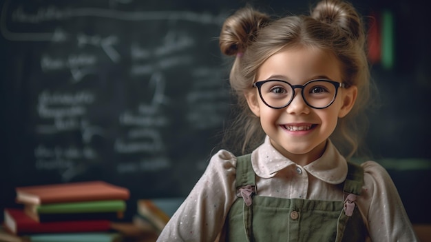Lächelndes kleines Mädchen, während es vor einem Buch an einer Tafel steht. Erstellt mit generativer KI-Technologie