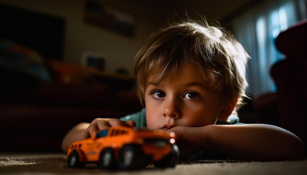 Lächelndes Kleinkind, das drinnen Spielzeugauto fährt, glücklich erzeugt durch KI