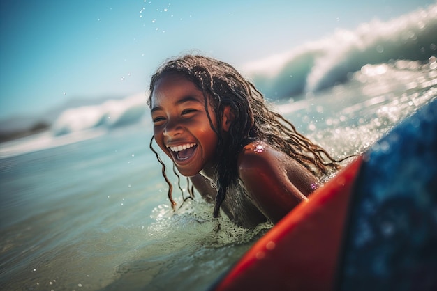 Lächelndes Mädchen, das die Wellen an einem tropischen Strand surft und Spaß hat