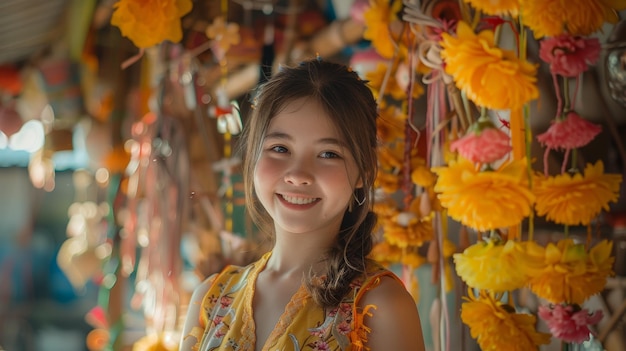 Lächelndes Mädchen im gelben Kleid mit traditionellen Blumendekorationen im Umfeld eines ethnischen Marktes