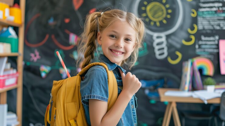 Foto lächelndes mädchen mit rucksack, das den daumen hochgibt