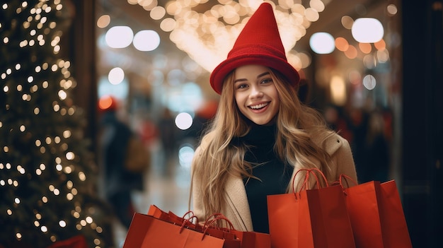Lächelndes Mädchen mit Weihnachtsgeschenken in Einkaufstaschen in einem Einkaufszentrum